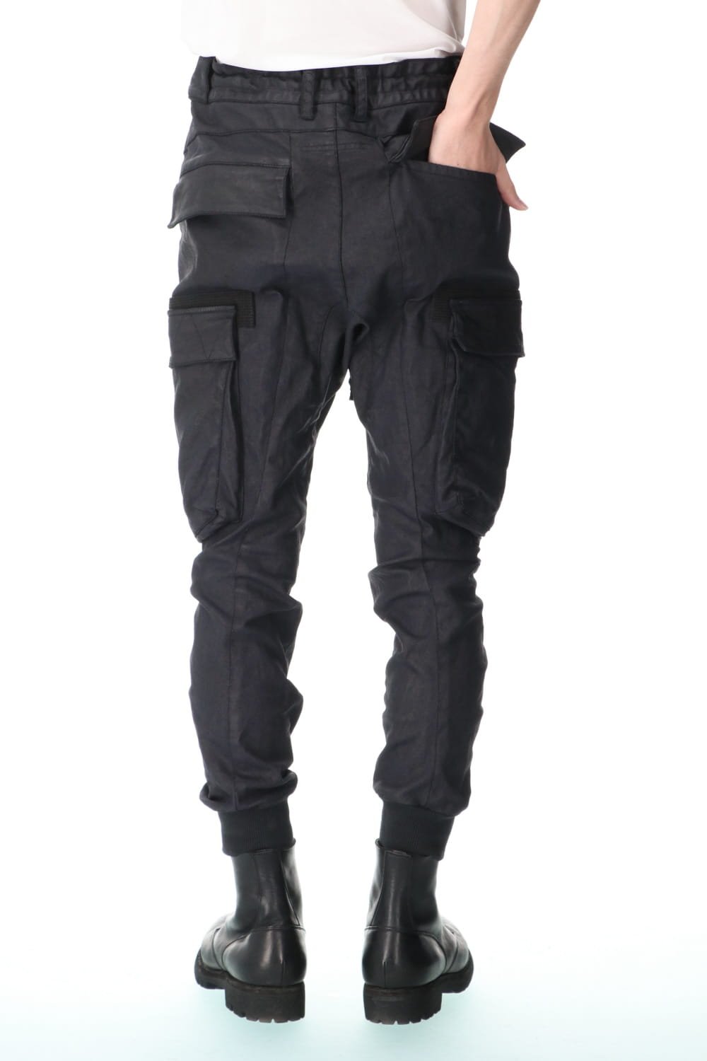 Carbon Coated Denim Drop Crotch Cargo Slim Pants