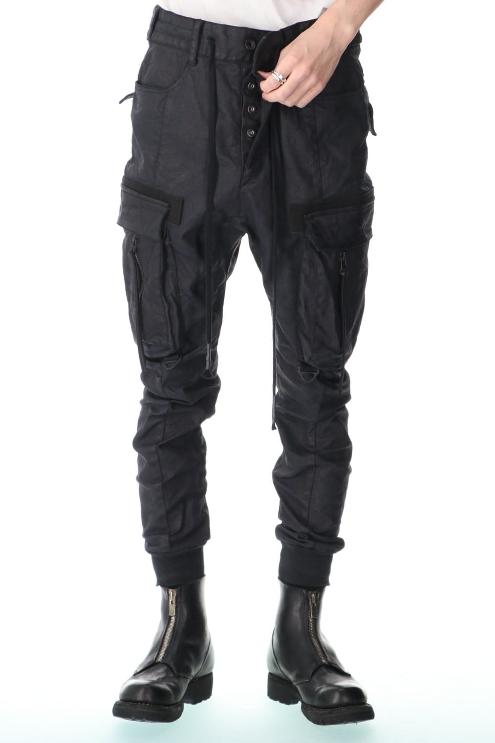 Carbon Coated Denim Drop Crotch Cargo Slim Pants