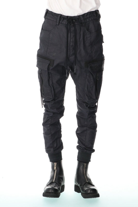 Carbon Coated Denim Drop Crotch Cargo Slim Pants