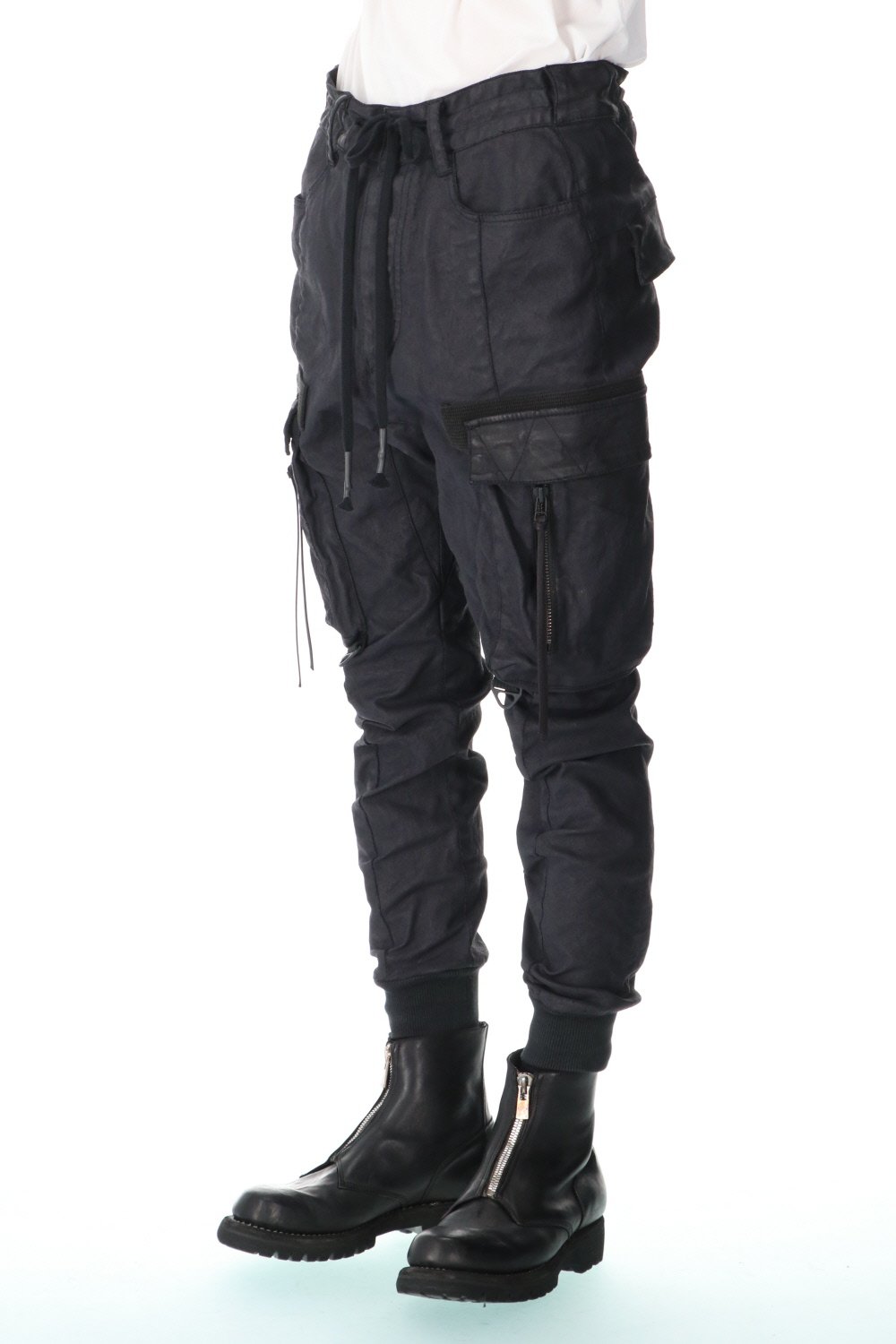 Carbon Coated Denim Drop Crotch Cargo Slim Pants