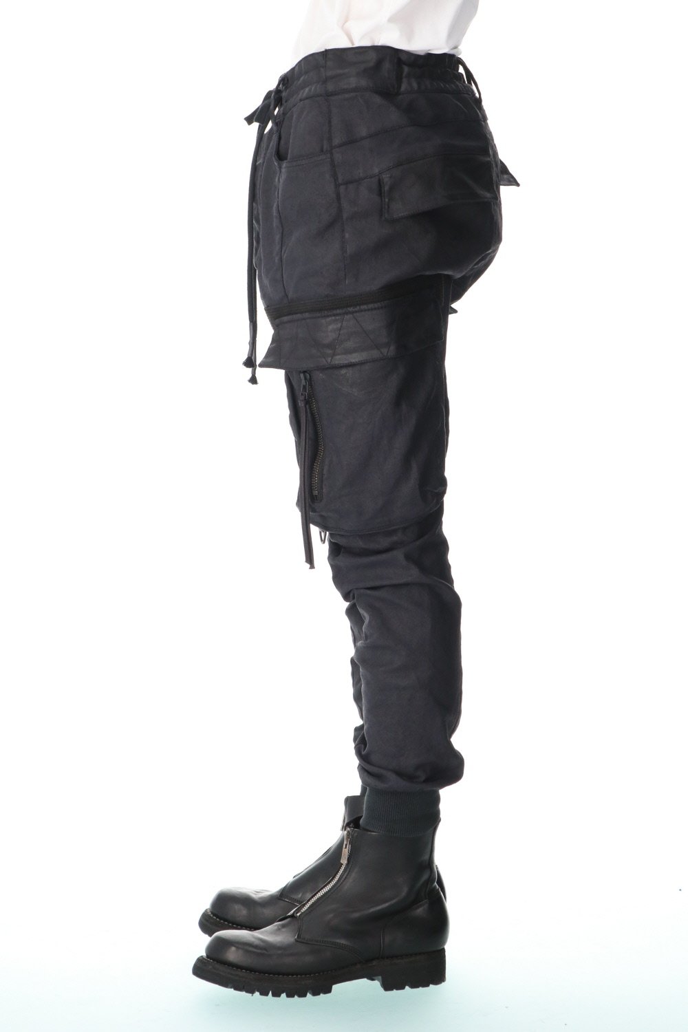 Carbon Coated Denim Drop Crotch Cargo Slim Pants