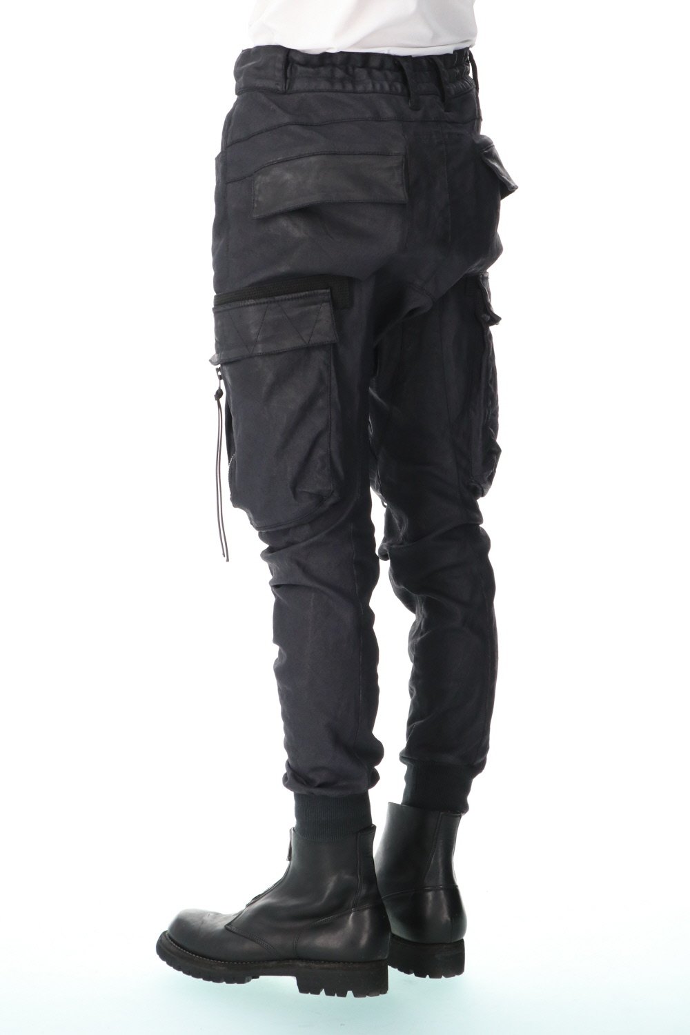 Carbon Coated Denim Drop Crotch Cargo Slim Pants