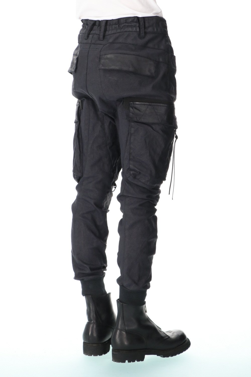 Carbon Coated Denim Drop Crotch Cargo Slim Pants