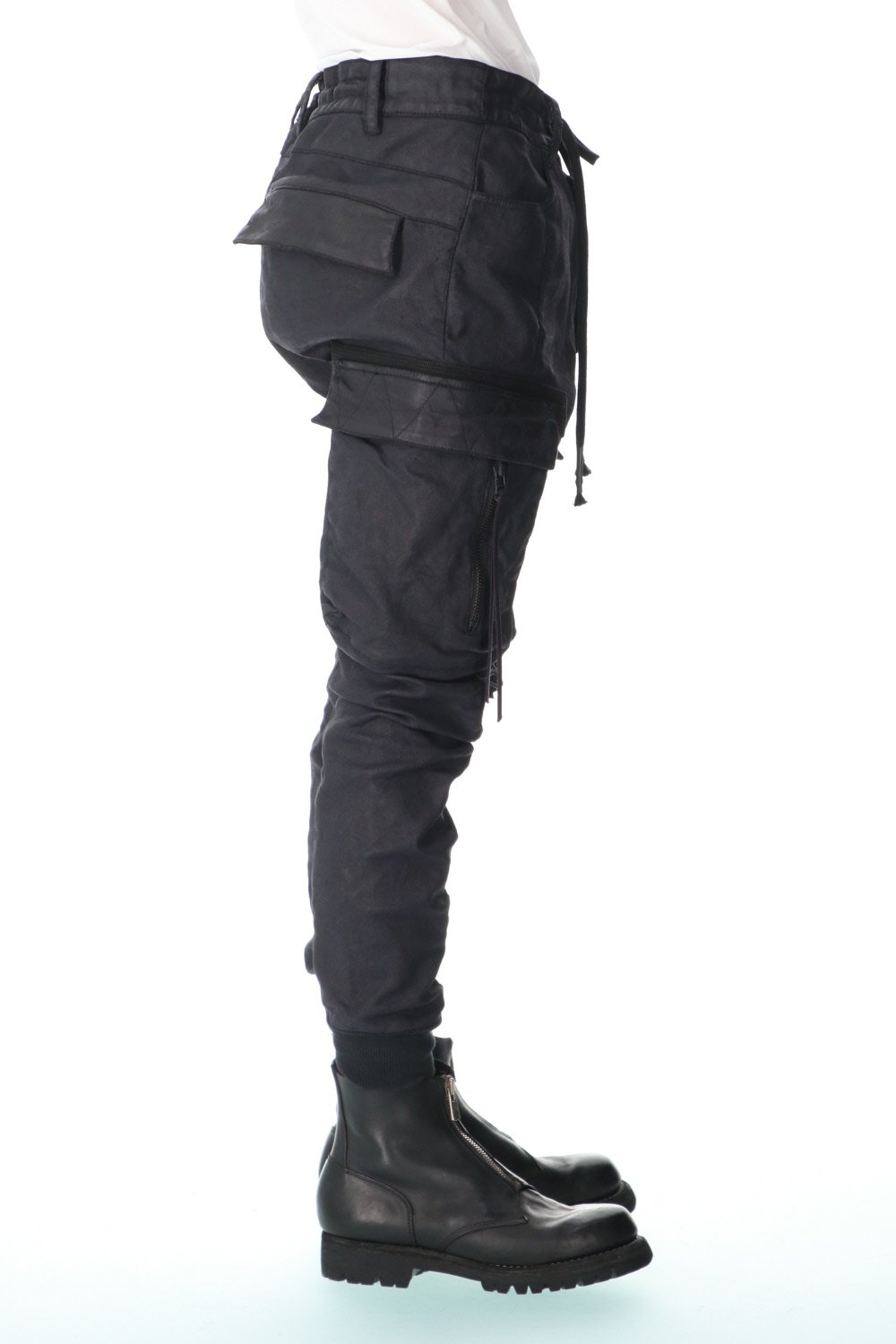 Carbon Coated Denim Drop Crotch Cargo Slim Pants