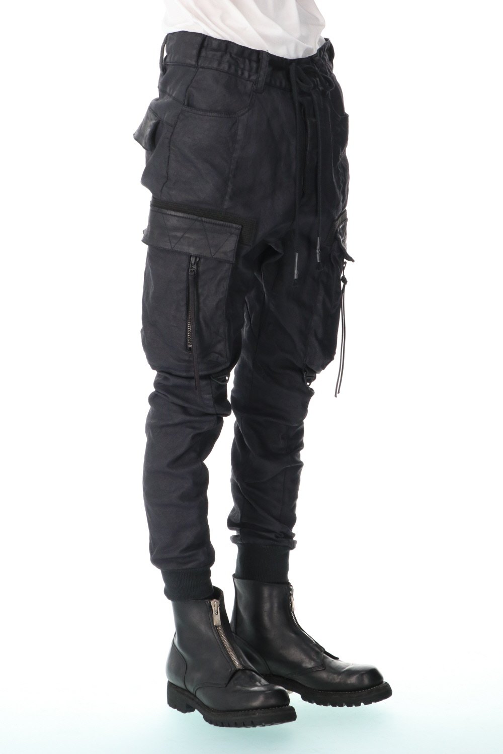 Carbon Coated Denim Drop Crotch Cargo Slim Pants