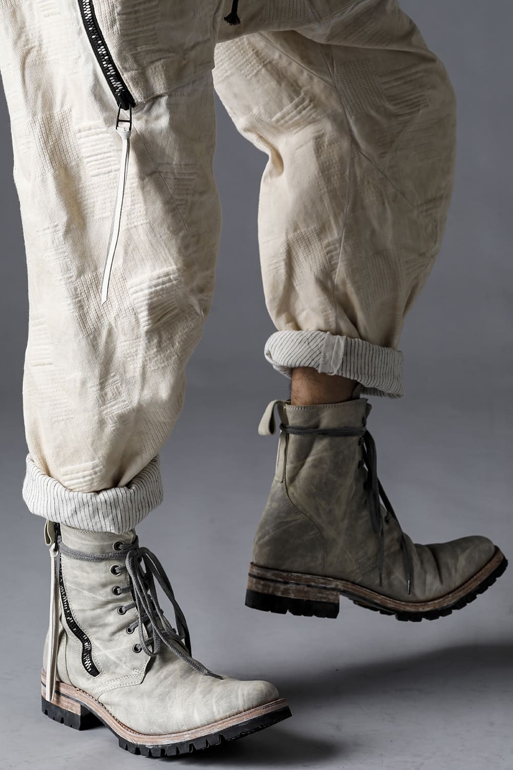 Patchwork Jacquard Stretch Cotton Bush Tapered Cropped Trousers Dusty White