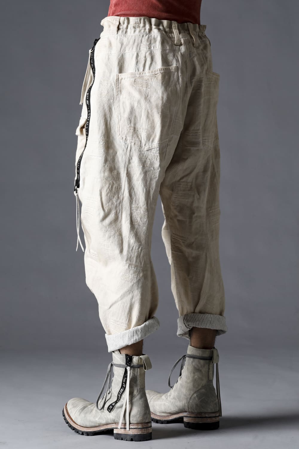 Patchwork Jacquard Stretch Cotton Bush Tapered Cropped Trousers Dusty White