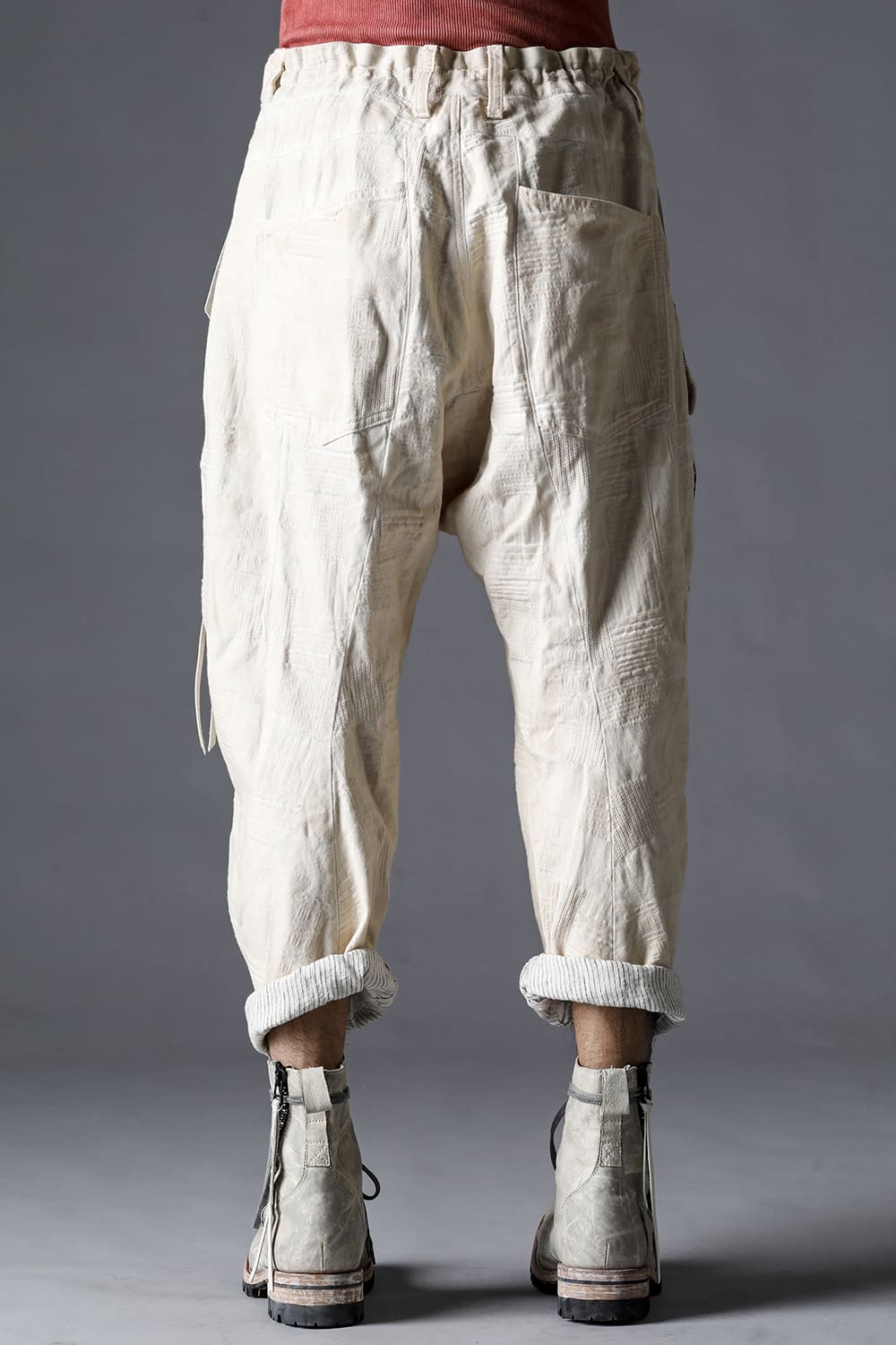 Patchwork Jacquard Stretch Cotton Bush Tapered Cropped Trousers Charcoal