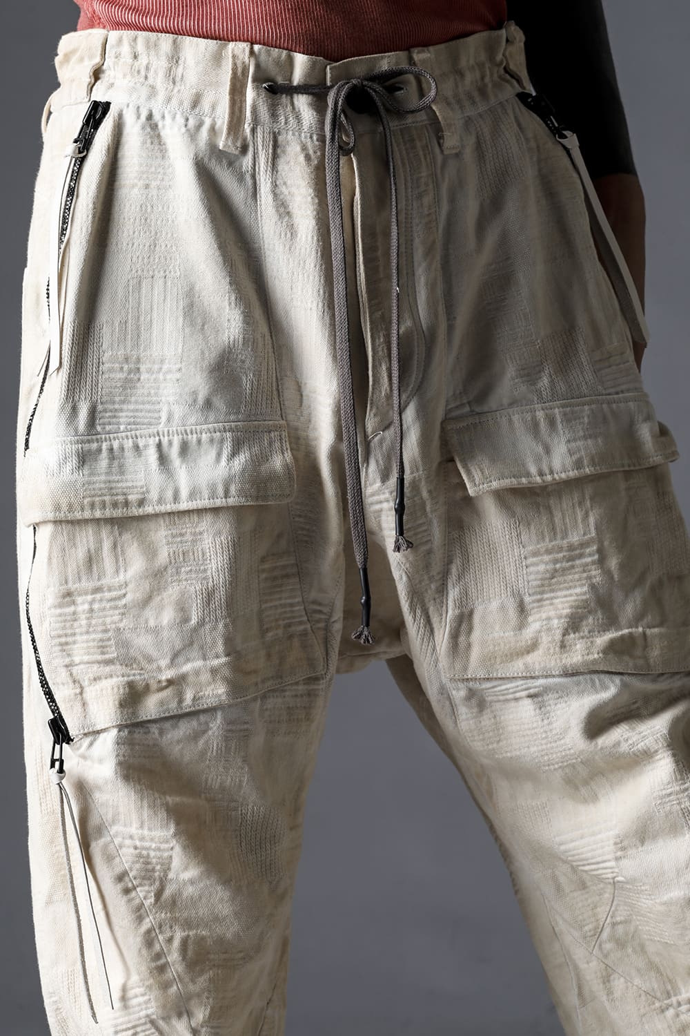 Patchwork Jacquard Stretch Cotton Bush Tapered Cropped Trousers Black