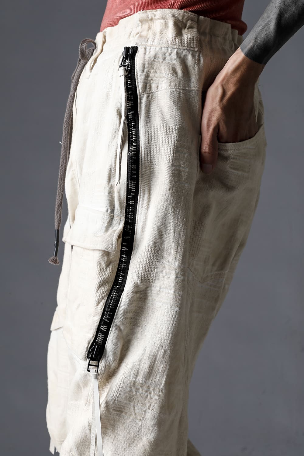 Patchwork Jacquard Stretch Cotton Bush Tapered Cropped Trousers Black