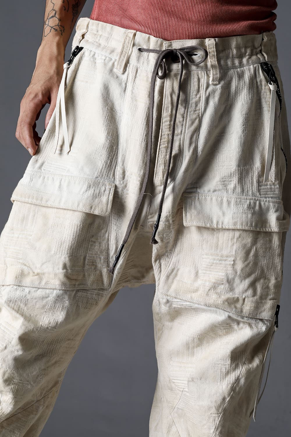 Patchwork Jacquard Stretch Cotton Bush Tapered Cropped Trousers Black