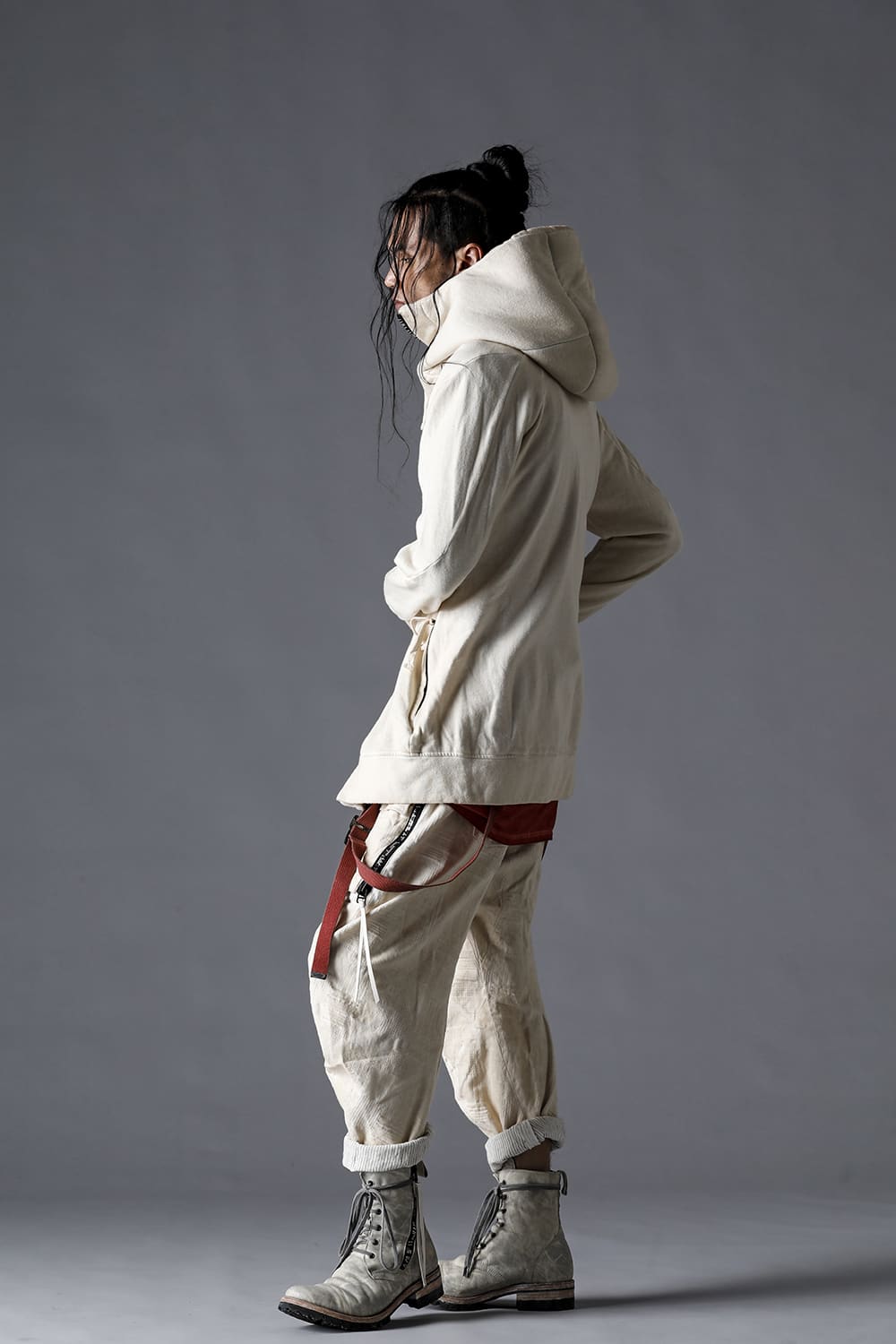 Patchwork Jacquard Stretch Cotton Bush Tapered Cropped Trousers Charcoal