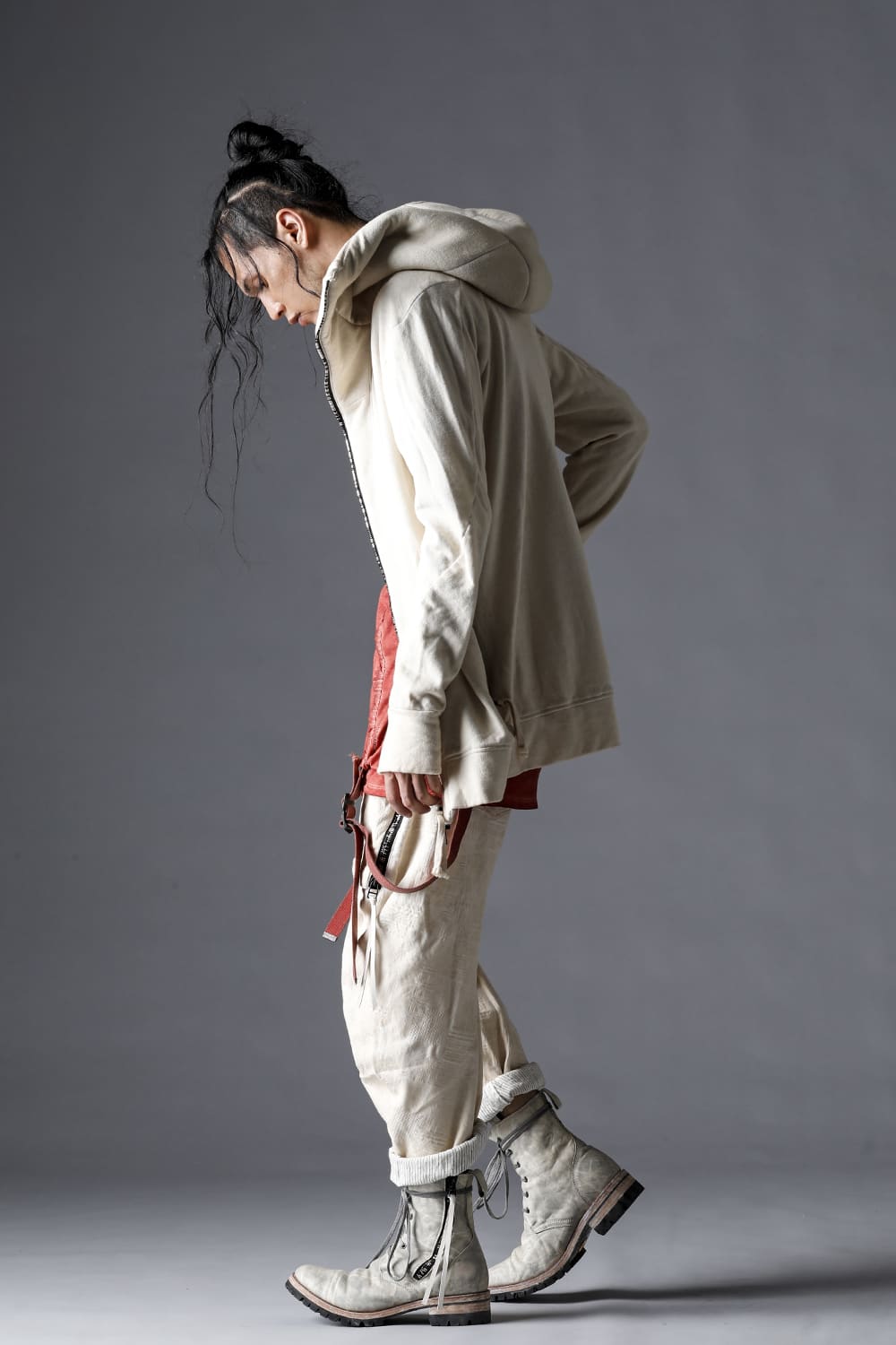 Patchwork Jacquard Stretch Cotton Bush Tapered Cropped Trousers Dusty White