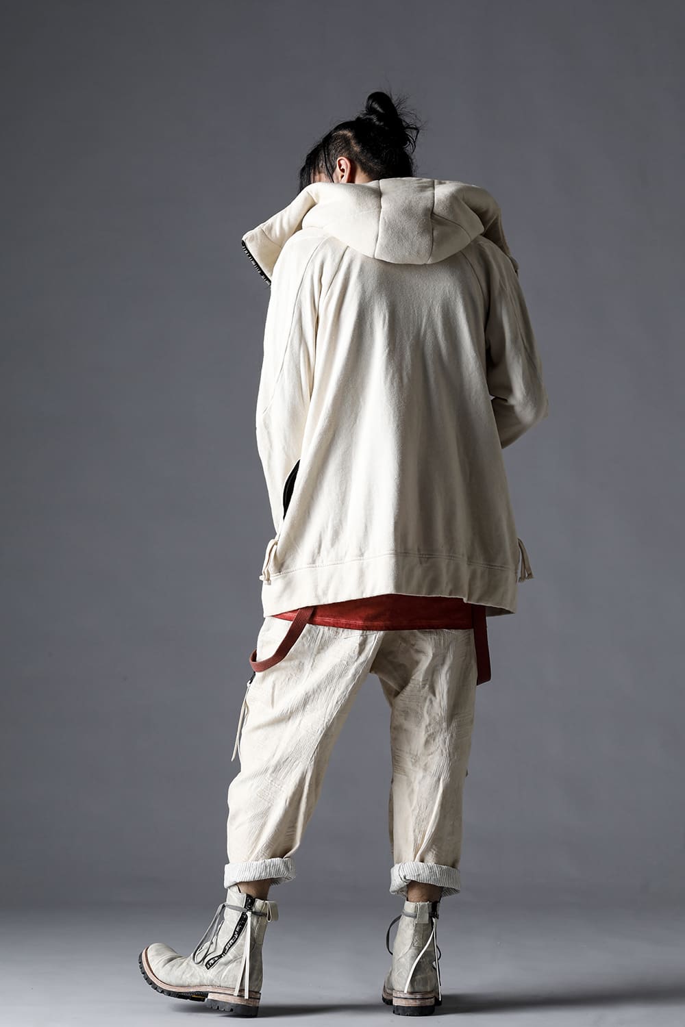 Patchwork Jacquard Stretch Cotton Bush Tapered Cropped Trousers Dusty White