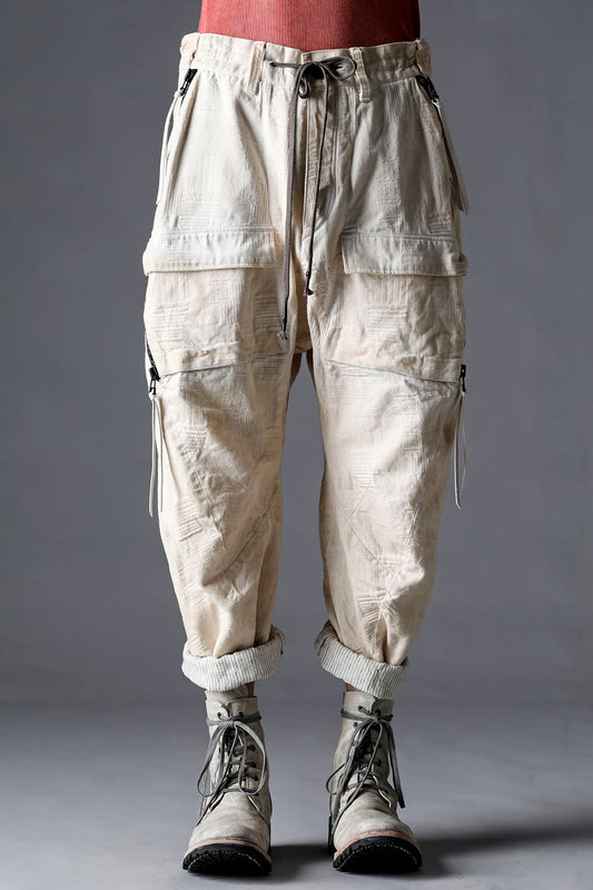 Patchwork Jacquard Stretch Cotton Bush Tapered Cropped Trousers Dusty White