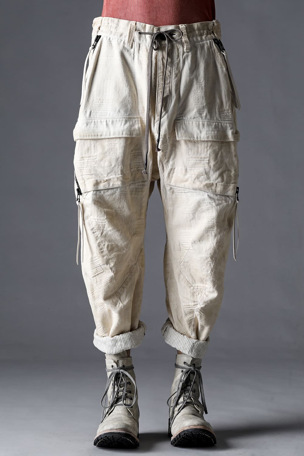 Patchwork Jacquard Stretch Cotton Bush Tapered Cropped Trousers Black