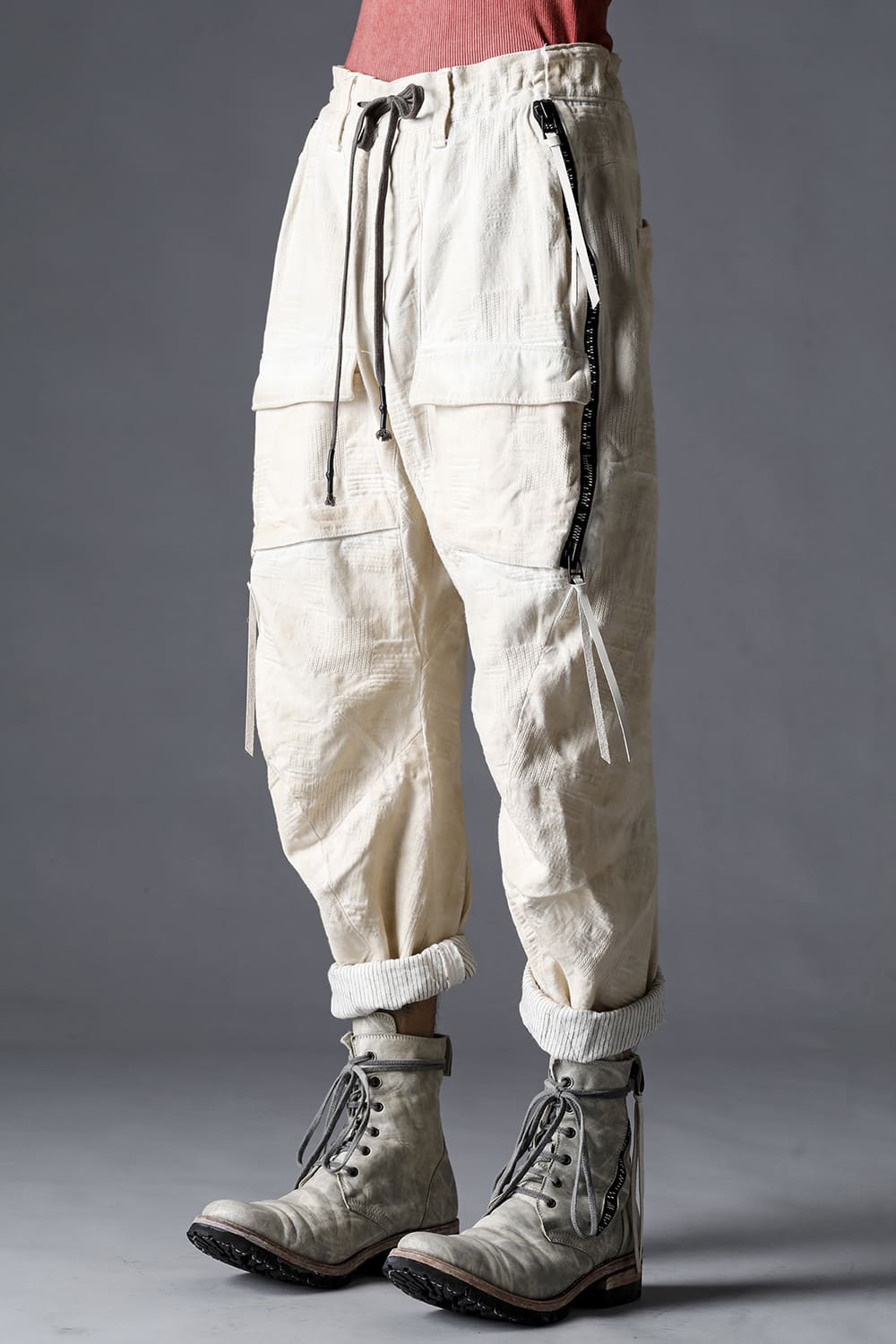 Patchwork Jacquard Stretch Cotton Bush Tapered Cropped Trousers Charcoal