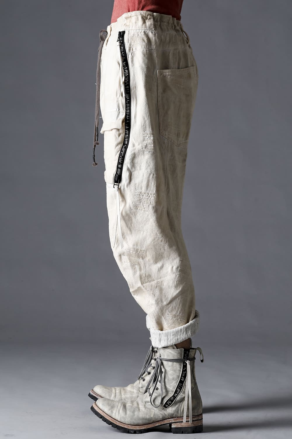 Patchwork Jacquard Stretch Cotton Bush Tapered Cropped Trousers Dusty White