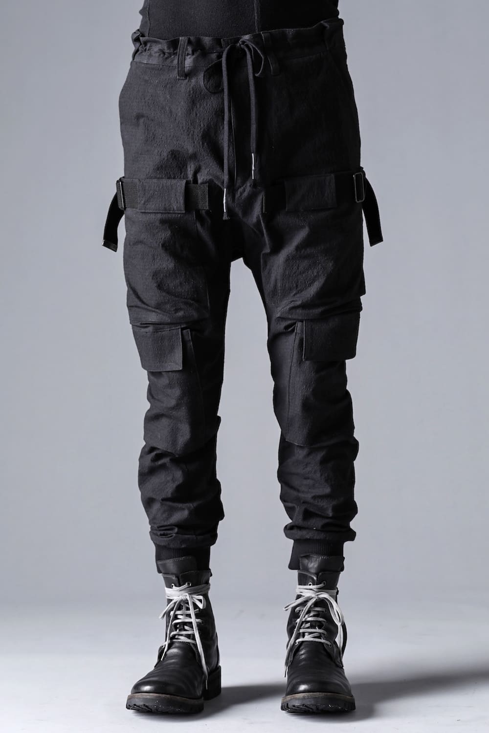 Dimple Washer Cotton Stretch Rip-Stop Multi-Pocket Cargo Jog Pants Black