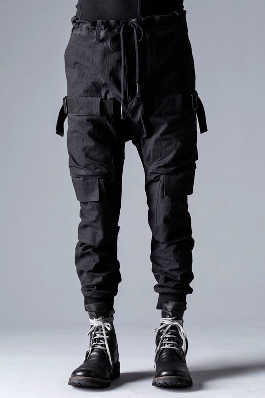 ディンプルワッシャーコットンストレッチリップストップマルチポケットカーゴジョグパンツ ブラック