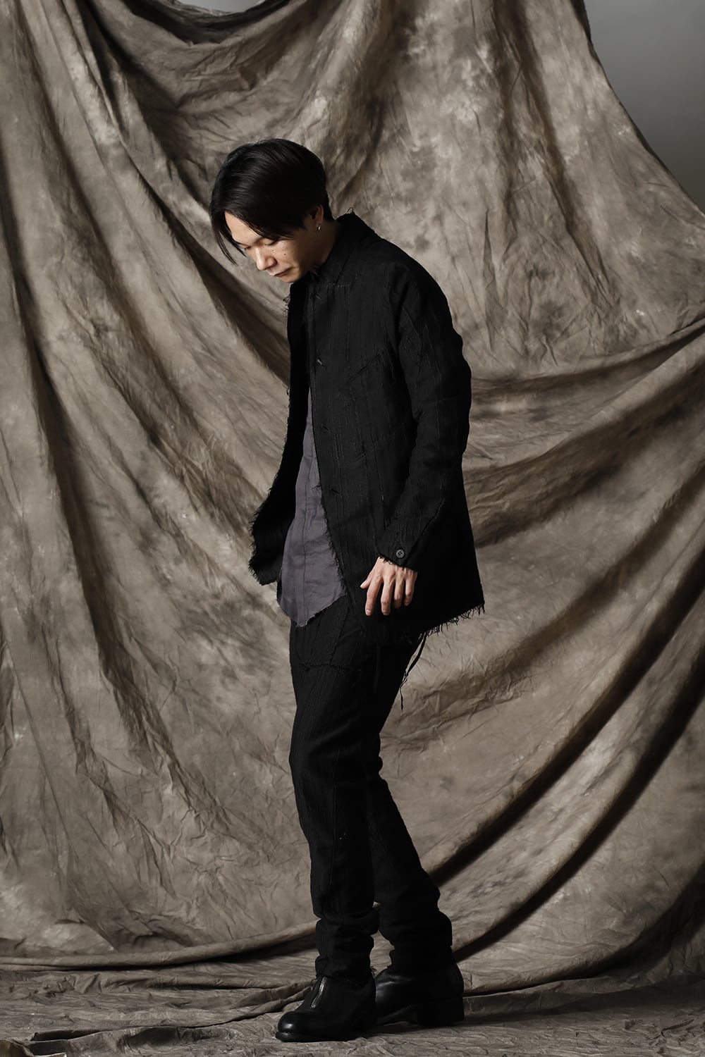 Linen and rayon jacquard stripe drop-crotch slim pants Black