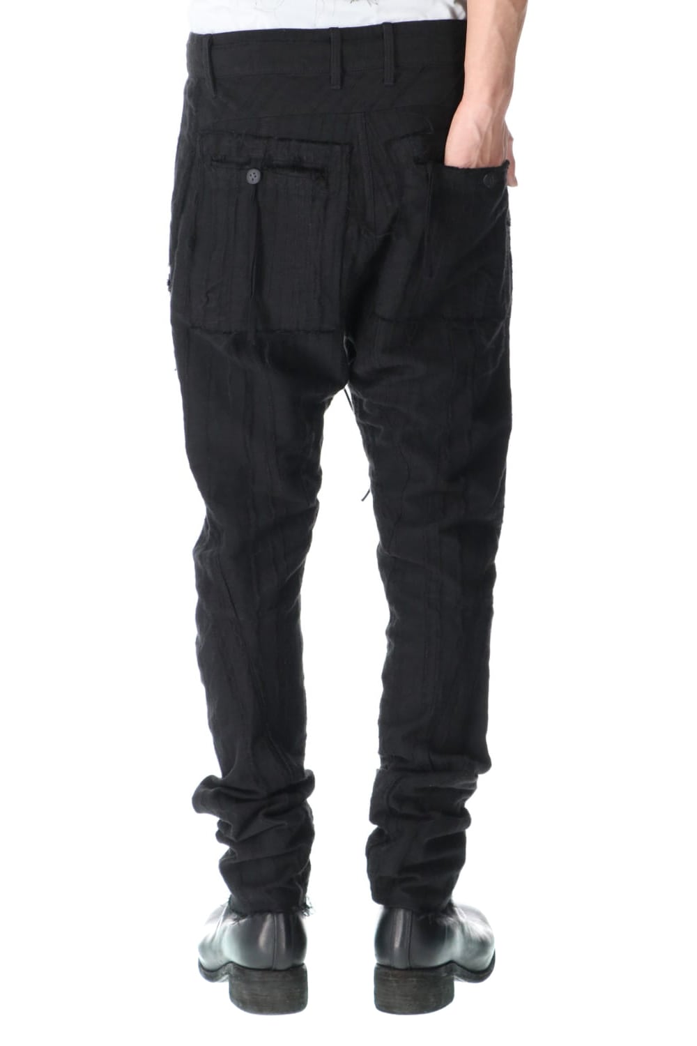 Linen and rayon jacquard stripe drop-crotch slim pants Black