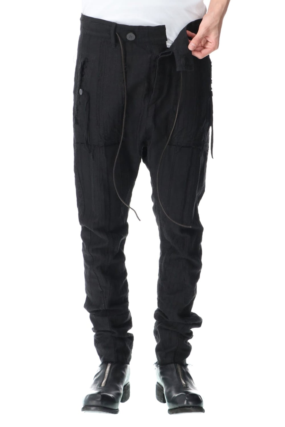 Linen and rayon jacquard stripe drop-crotch slim pants Black