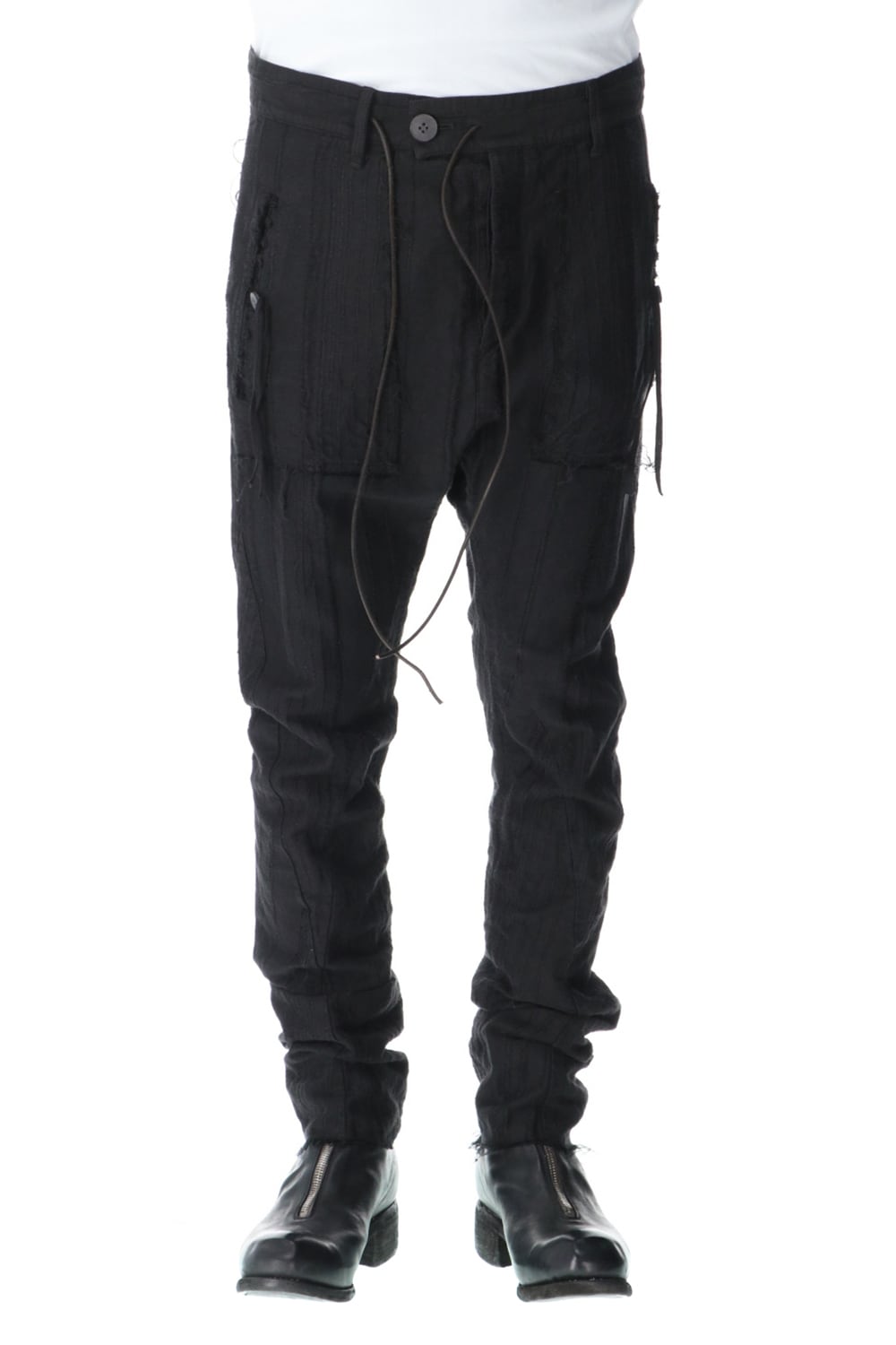 Linen and rayon jacquard stripe drop-crotch slim pants Black