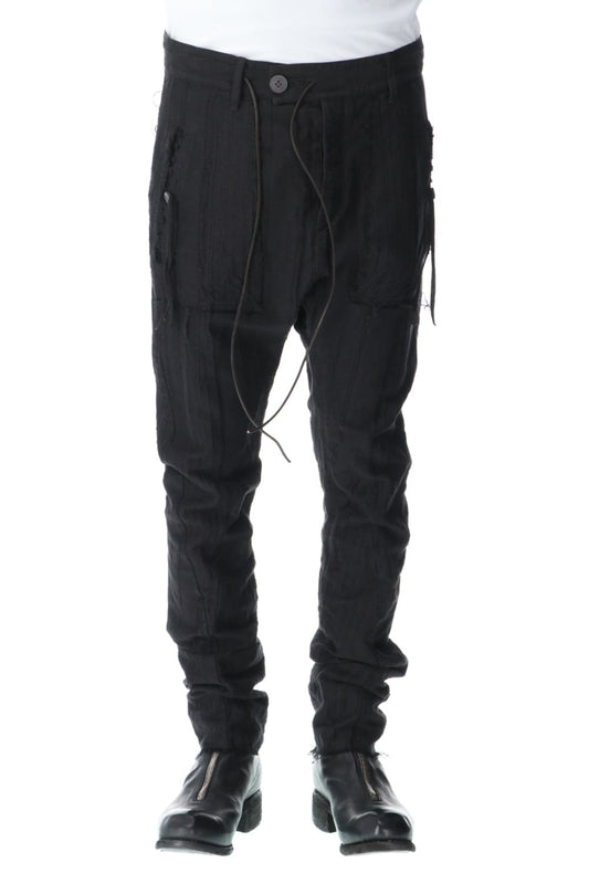 Linen and rayon jacquard stripe drop-crotch slim pants Black