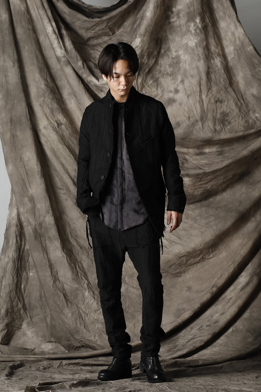 Linen and rayon jacquard stripe drop-crotch slim pants Black