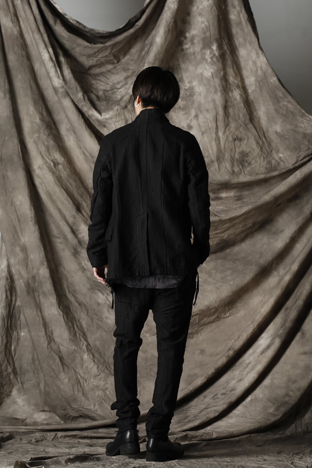 Linen and rayon jacquard stripe drop-crotch slim pants Black