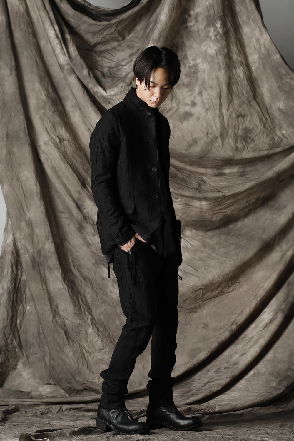 Linen and rayon jacquard stripe drop-crotch slim pants Black