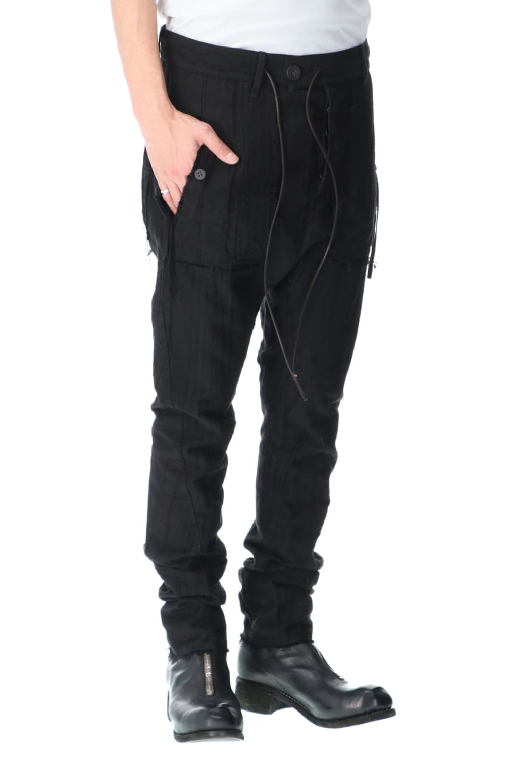 Linen and rayon jacquard stripe drop-crotch slim pants Black