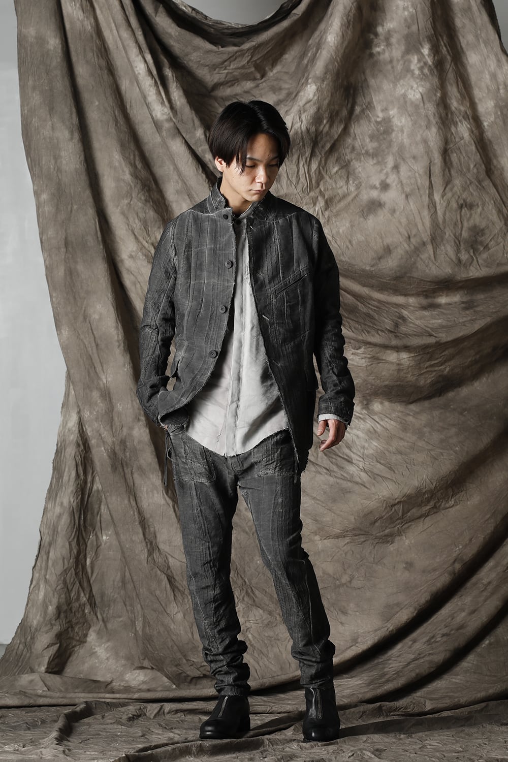 Linen and rayon jacquard stripe drop-crotch slim pants Charcoal