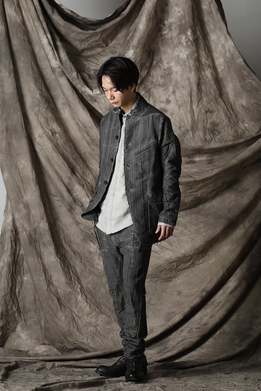 Linen and rayon jacquard stripe drop-crotch slim pants Charcoal