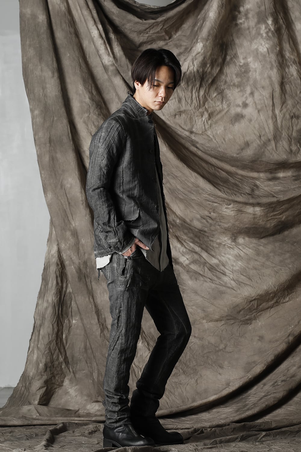 Linen and rayon jacquard stripe drop-crotch slim pants Charcoal