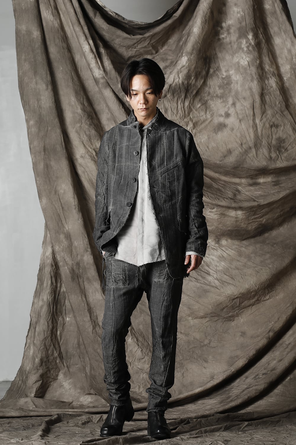 Linen and rayon jacquard stripe drop-crotch slim pants Charcoal