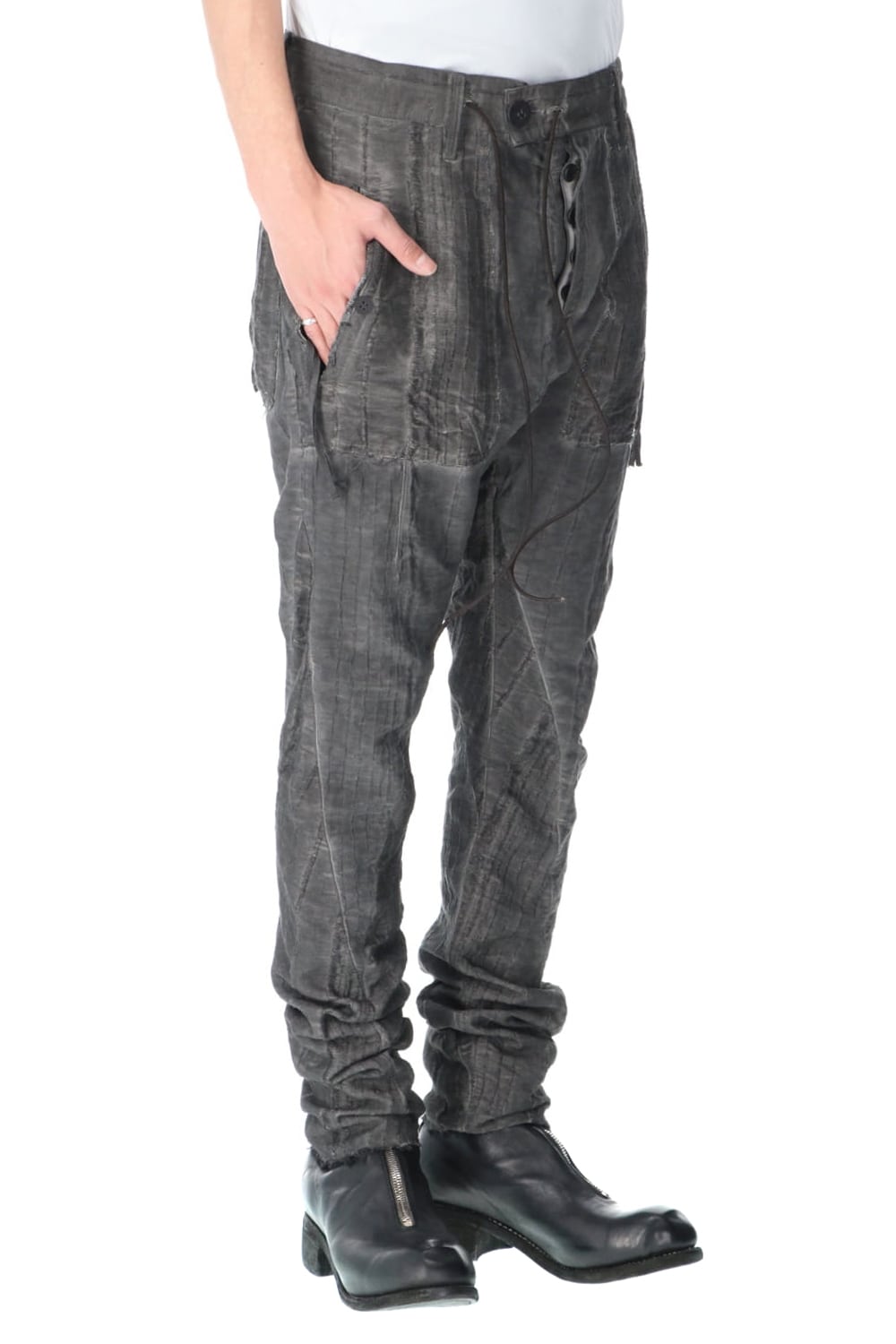 Linen and rayon jacquard stripe drop-crotch slim pants Charcoal