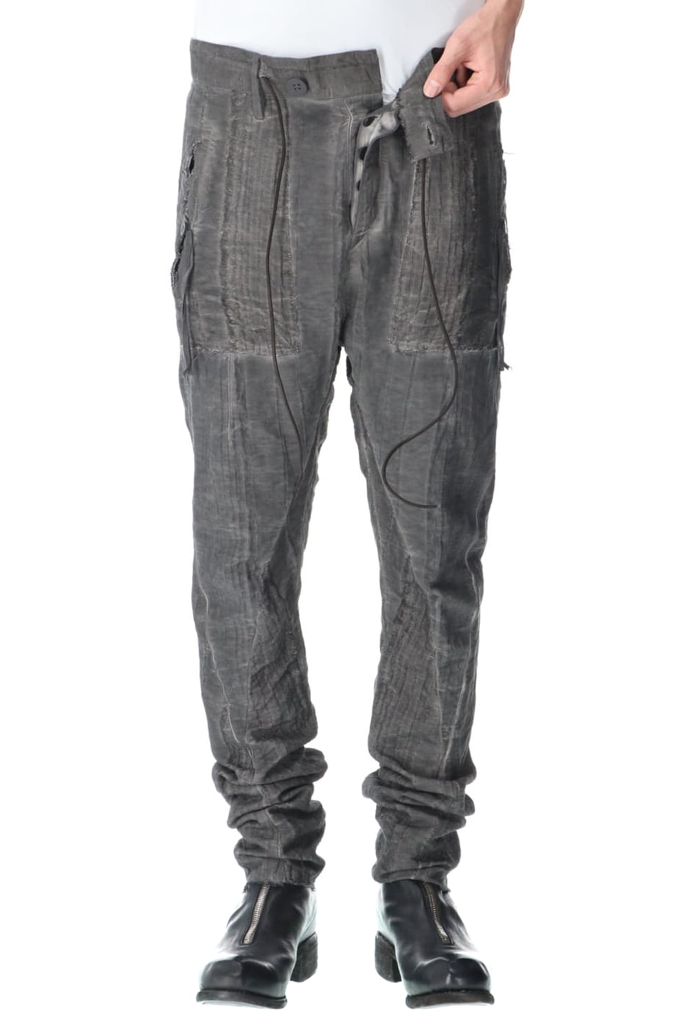 Linen and rayon jacquard stripe drop-crotch slim pants Charcoal