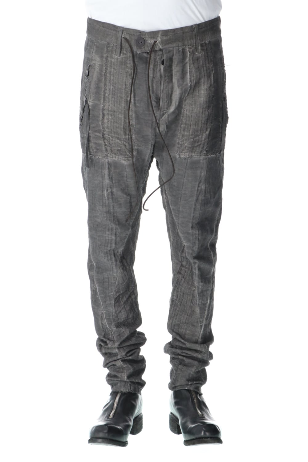 Linen and rayon jacquard stripe drop-crotch slim pants Charcoal