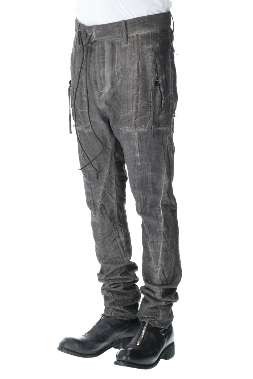 Linen and rayon jacquard stripe drop-crotch slim pants Charcoal