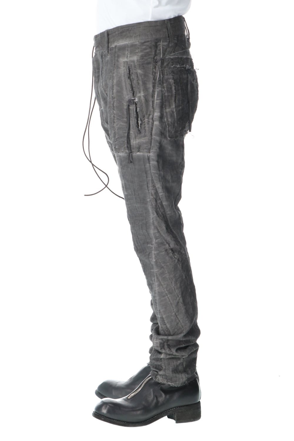 Linen and rayon jacquard stripe drop-crotch slim pants Charcoal