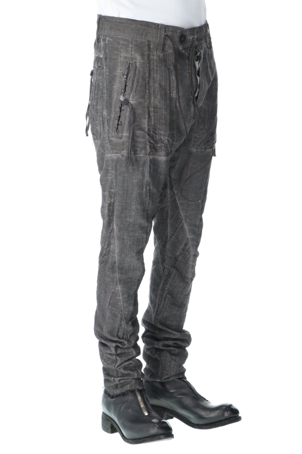 Linen and rayon jacquard stripe drop-crotch slim pants Charcoal