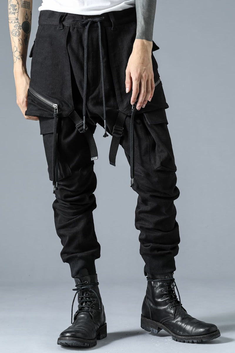 Super Stretch Cotton Denim Hanging Pocket Cargo Jog Pants Black