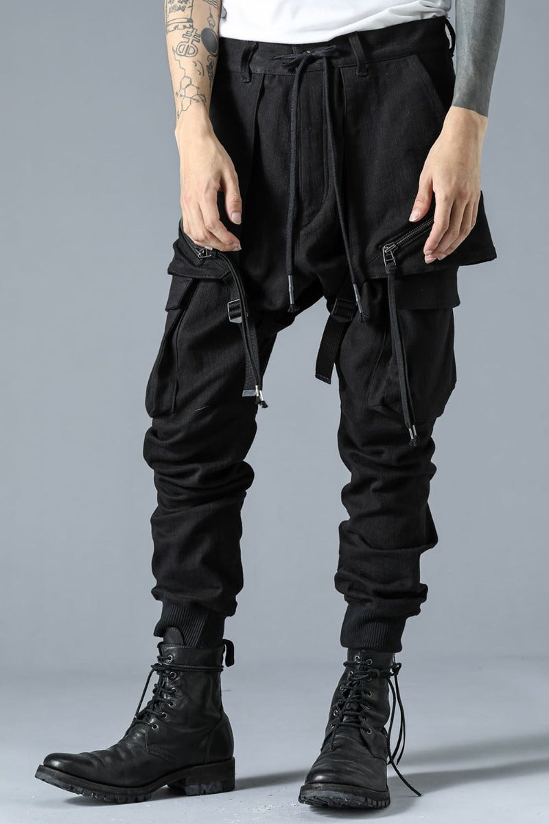 Super Stretch Cotton Denim Hanging Pocket Cargo Jog Pants Black