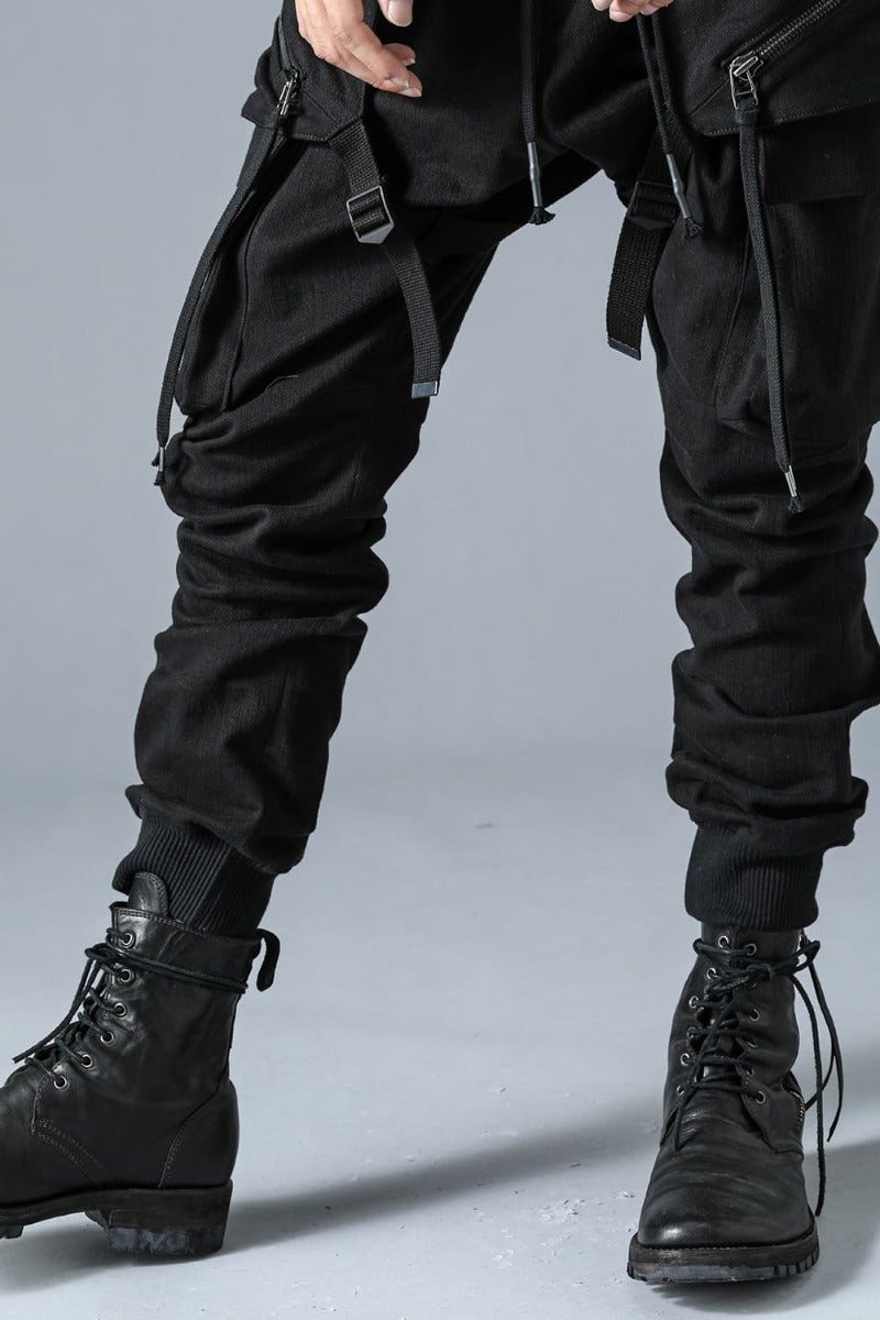 Super Stretch Cotton Denim Hanging Pocket Cargo Jog Pants Black