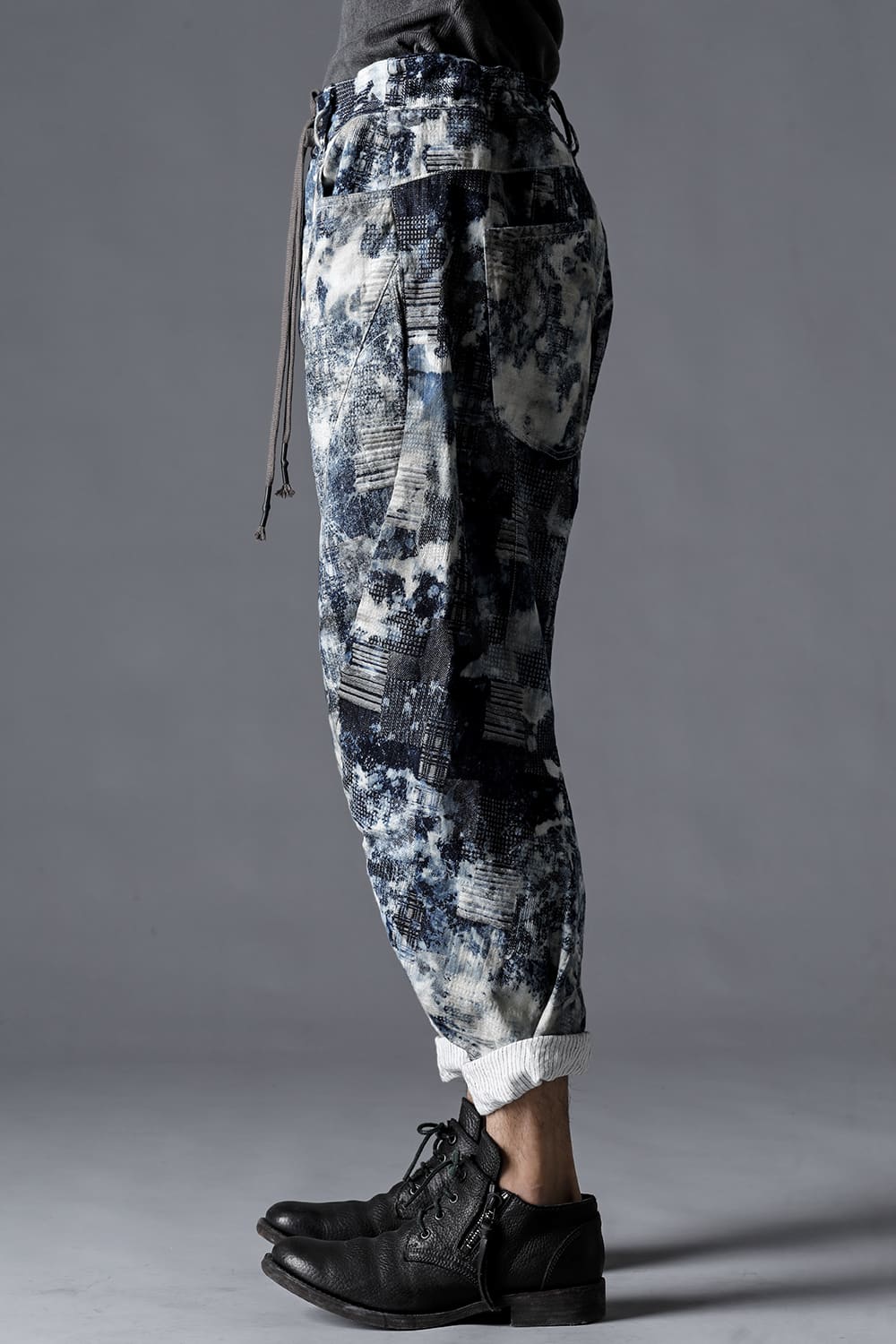 Splash Bleach Patchwork Jacquard Stretch Cotton Tapered Cropped Pants