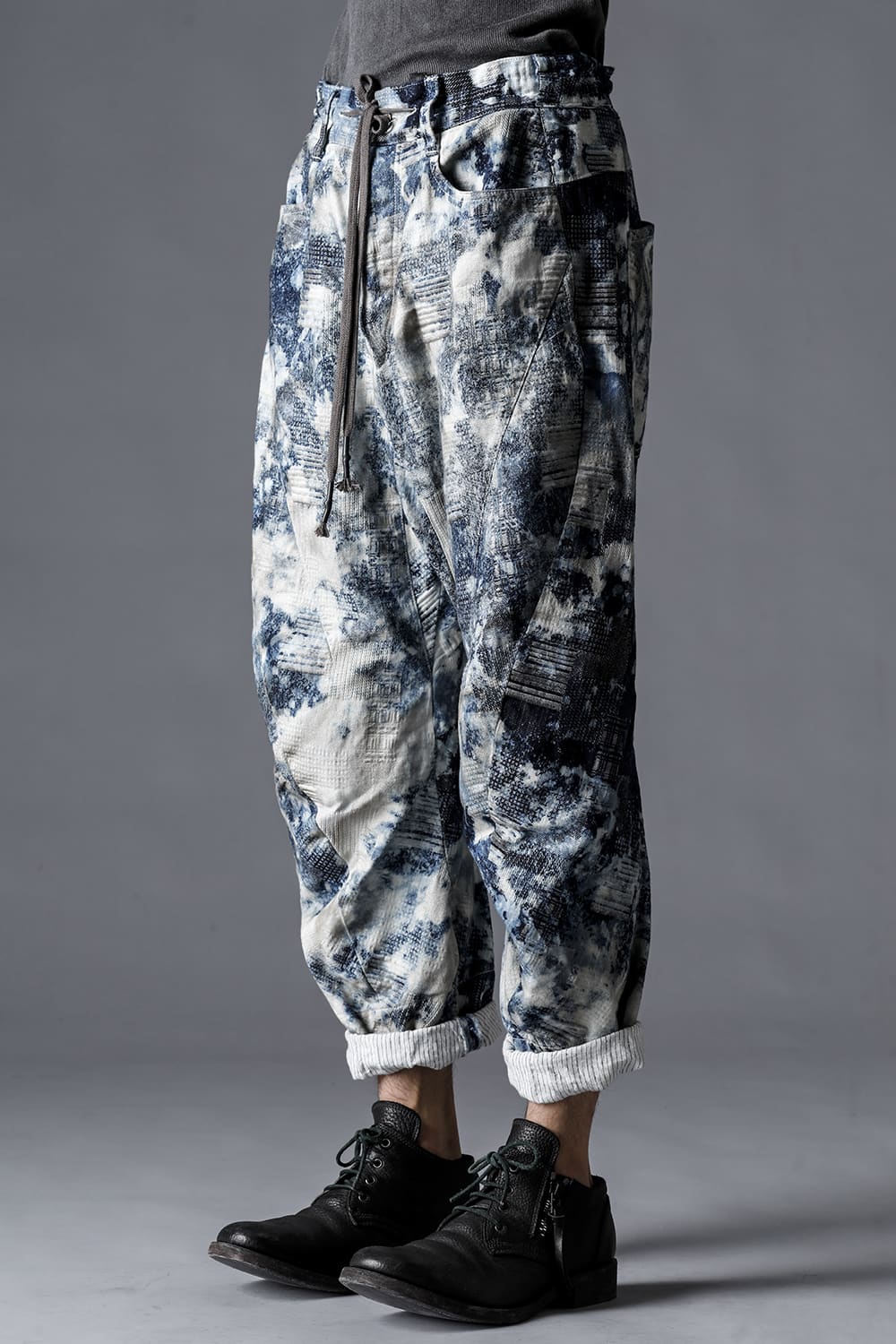 Splash Bleach Patchwork Jacquard Stretch Cotton Tapered Cropped Pants