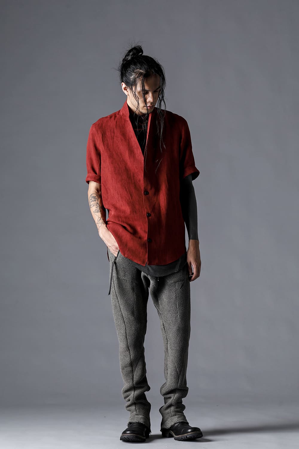 Japanese Paper And Cotton Tweed Drop Crotch Slim Trousers  Black