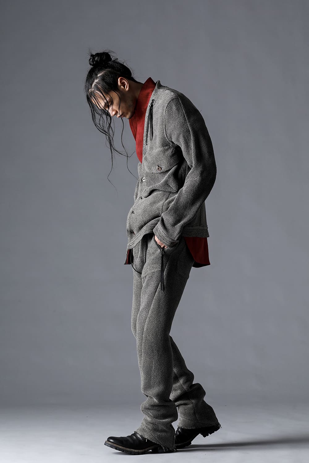 Japanese Paper And Cotton Tweed Drop Crotch Slim Trousers  Black